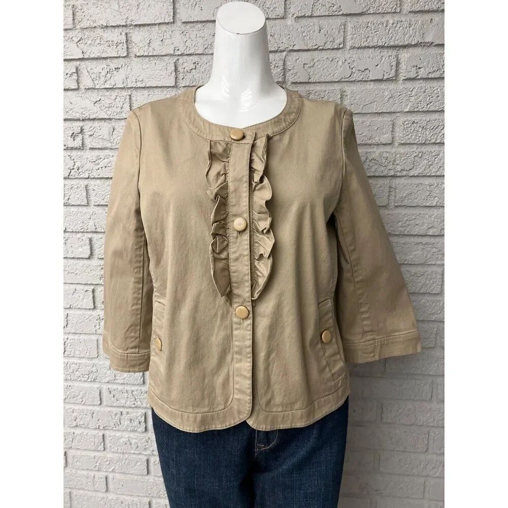 Talbots Women Petites Beige Ruffle Front 3/4 sleeve Jacket Size 10P